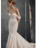 Off Shoulder Shiny Lace Tulle Wedding Dress With Frilled Train